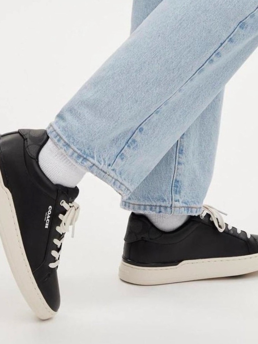Coach Black Leather Sneakers with Cream Laces